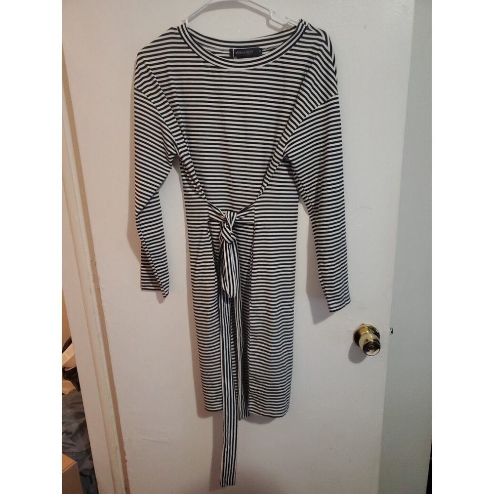 Merokeety Black & White Striped Tie Long Sleeve Midi Dress M